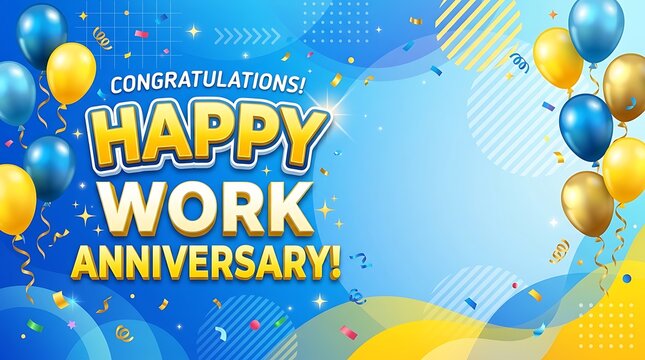 Festive happy work anniversary banner with colorful balloons confetti and celebratory text on a bright blue and yellow background for workplace recognition