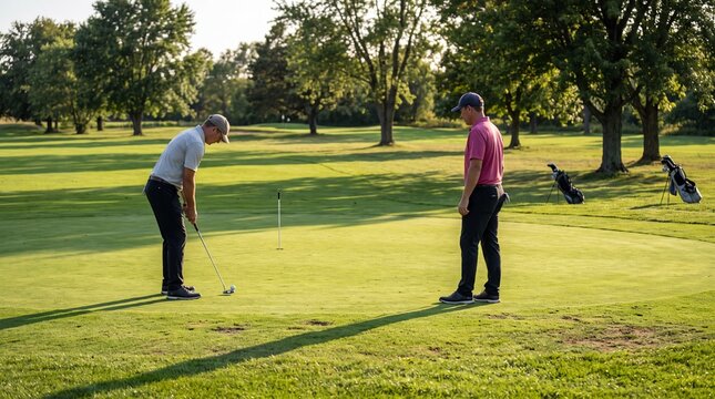 two golfers playing on putting green with golf bags in the background