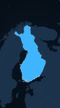 Finland highlighted on a map of Europe with glow vertical video