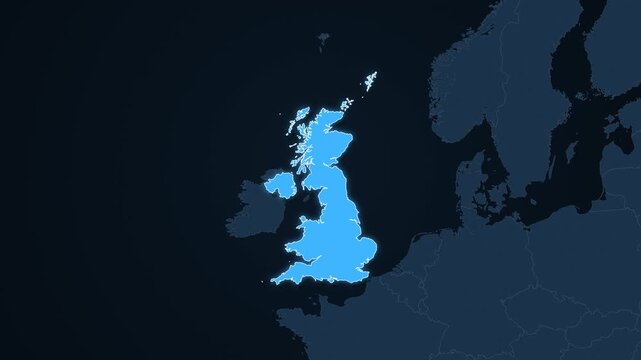 United Kingdom highlighted on a map of Europe with glow
