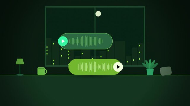 Lime green voice message bubbles on desk wide scene looping motion