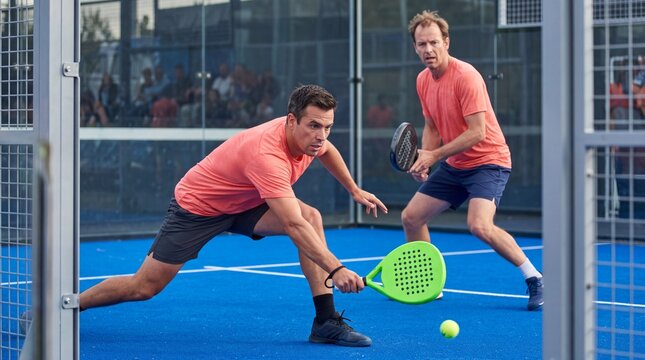 two male padel players ready to hit the ball on an outdoor glass court