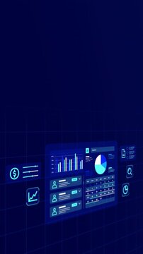 AI data analytics grid perspective dashboard monitoring blue user growth statistics, calendar schedules, and pie graphs in 9:16.