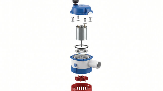 Submersible bilge pump exploded view showing internal motor and impeller components isolated on white background for technical manual