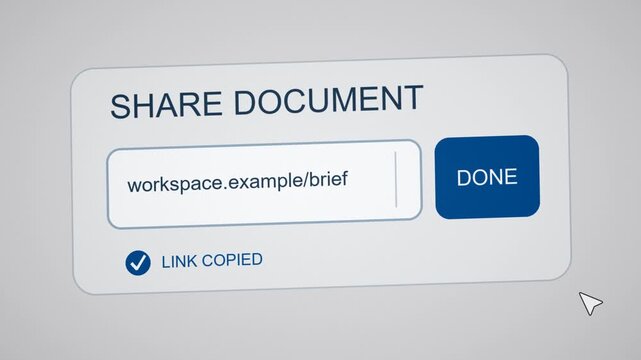 Screen capture of share document dialog with cursor clicking COPY button and link copied confirmation appearing. Minimal flat UI animation for app demos, tutorials and sharing features.