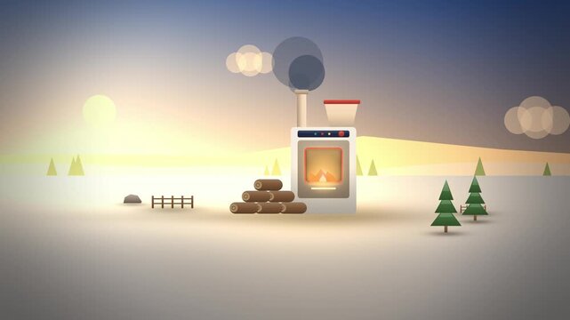Wood pellet biomass boiler with glowing flame in landscape motion