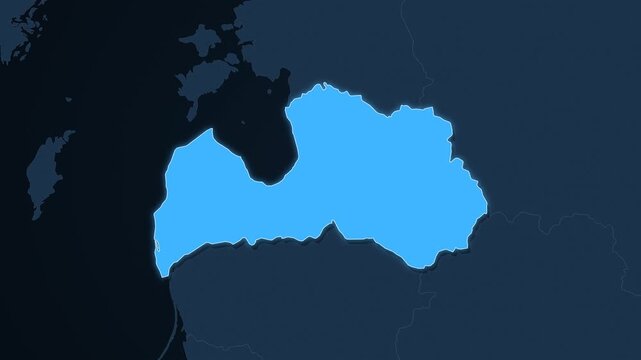Latvia highlighted on a map of Europe with glow