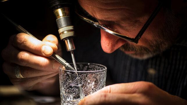 Craftsman using magnifying eyewear and precision tools to work on ornate silver patterned glass, close up of detailed handcrafting in dark workshop