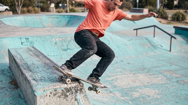 male skateboarder performing a board slide grind on a concrete ledge in skatepark
