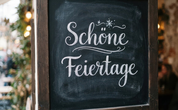 Sch&ouml;ne Feiertage Schiefertafel mit handgeschriebener Kreideschrift f&uuml;r weihnachtliche Gr&uuml;sse und festliche Dekoration