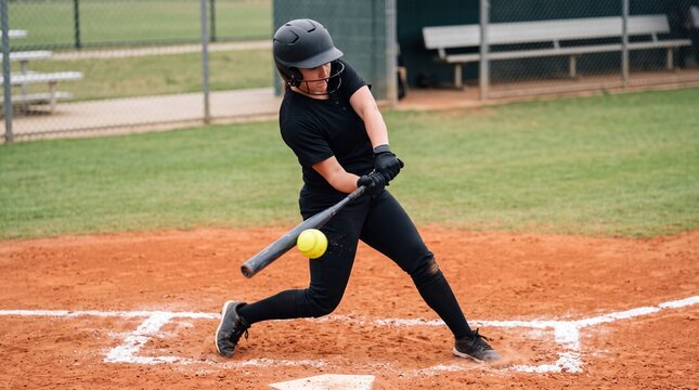 female softball batter swinging bat and hitting yellow ball at home plate