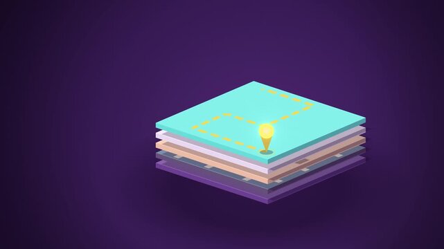 Purple isometric stacked map layers coming to life