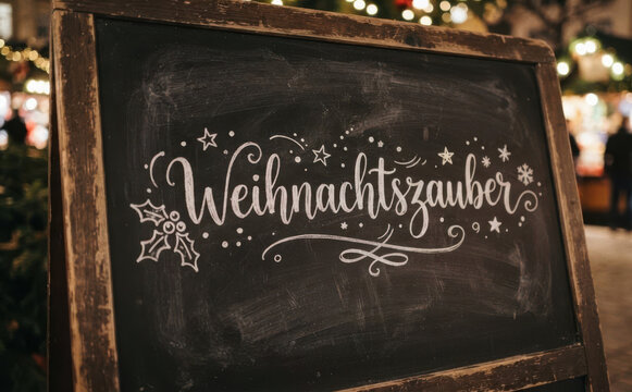 Weihnachtszauber Schild mit Kreideschrift fur festliche Weihnachtsmarkt Stimmung und Winterdeko
