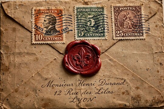 Vintage envelope with antique postage stamps and a red wax seal on aged paper with fleur lis design envelope three old paper correspondence with stamps prominent