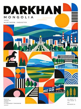 Colorful geometric poster for Darkhan, Mongolia, depicting an industrial city skyline, railways, landscape, landmarks, and Northern Industry slogan.