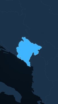 Montenegro highlighted on a map of Europe with glow vertical video