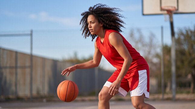 focused young woman dribbling a basketball on an outdoor street court