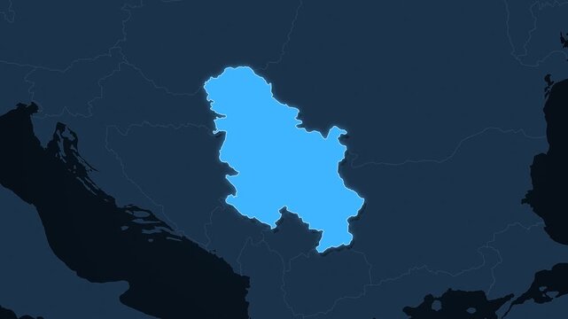 Serbia highlighted on a map of Europe with glow