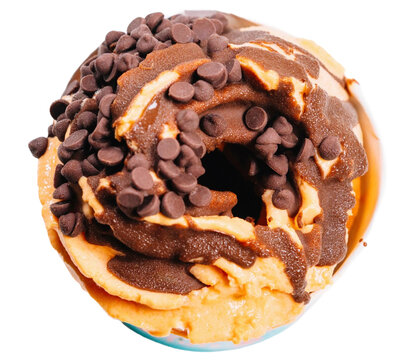 Delicious chocolate chip donut with sweet creamy frosting glaze on a white background food baked goods junk photography round shape tasty snack pastry shop doughnut calories