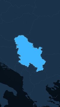 Serbia highlighted on a map of Europe with glow vertical video