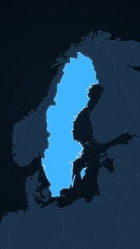 Sweden highlighted on a map of Europe with glow vertical video