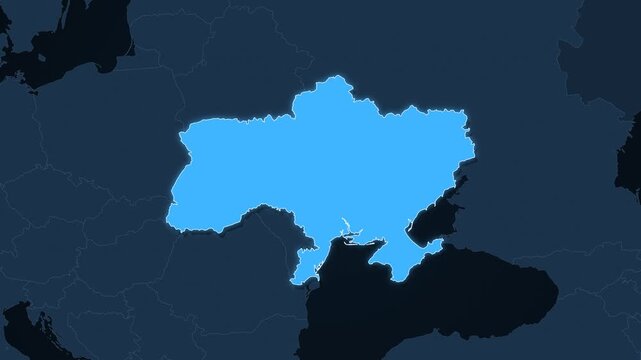 Ukraine highlighted on a map of Europe with glow