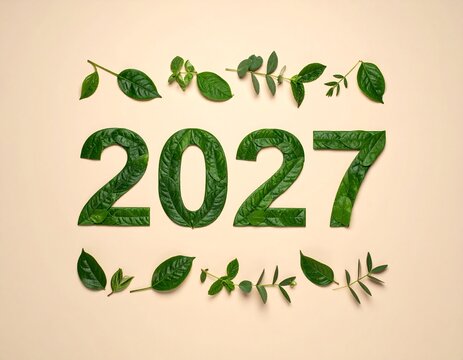 numerals constructed from fresh green leaves and delicate natural foliage, isolated against a warm beige background, sustainable new year and fresh-start concept