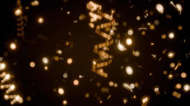 Falling gold confetti and streamers with bokeh on black loop