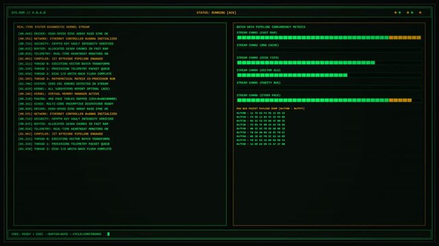 Authentic 1980s retro computing terminal displaying automated BIOS boot, scrolling diagnostic logs, ASCII processing progress bars, and dynamic CPU memory metrics in phosphor green and amber.