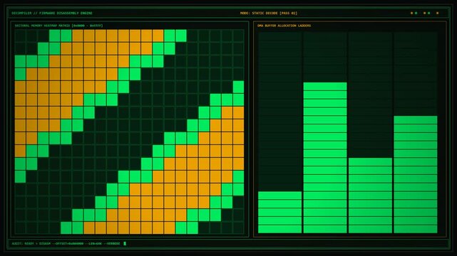 High-intensity 1980s retro computing terminal displaying binary firmware decompilation streams, sectoral memory heatmaps, and dynamic pixelated audit charts in phosphor green and amber.