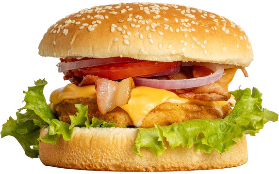 Classic cheeseburger with fresh lettuce and tomato slices on a sesame seed bun fast food chicken burger seeds junk patty restaurant beef meal bread roll