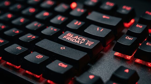 Closeup of a computer keyboard with a custom black friday keycap featuring a shopping cart icon, illuminated by red backlighting
