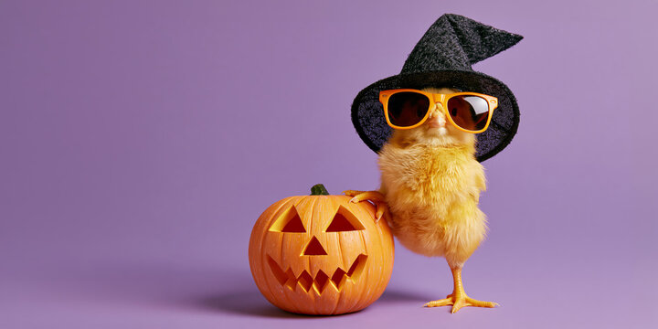 happy halloween concept holiday funny animal greeting card - Cool cute chick with sunglasses, witch hat and pumpkin, isolated on purple background