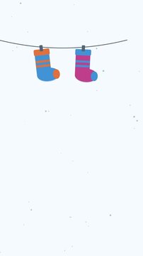 Seamless 4K looping vertical winter holiday animation: warm socks hanging line sway. Flat vector shapes in deep blue on a light background with generous copy space for your own greeting or title. Vert
