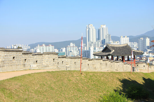 Suwon Hwaseong Fotress with View of Suwon City in6 the Background, South Korea