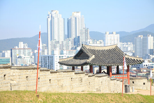 Suwon Hwaseong Fotress with View of Suwon City in6 the Background, South Korea
