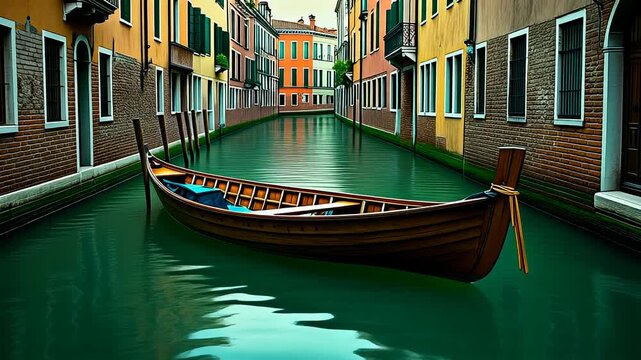 Empty traditional wooden boat floating gently on a calm green canal between colorful old waterside buildings, European style old town, horizontal