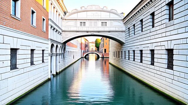 Covered white stone bridge arching over a calm canal between historic stone buildings with barred windows, soft reflections on the water, European style old town
