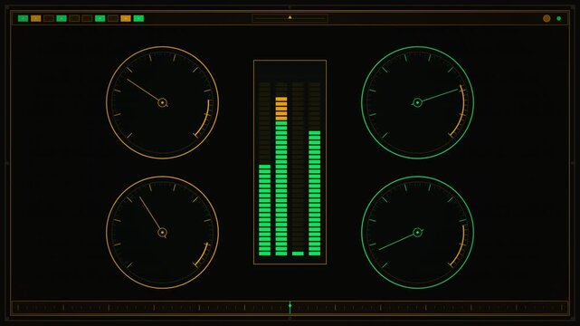 Vintage 1980s aerospace telemetry cockpit HUD featuring artificial horizon pitch ladder, vector radar sweep, analog subsystem gauges, and segmented telemetry bars in warm amber and phosphor green.
