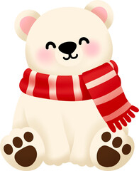Cute Baby Polar Bear Wearing Red and White Striped Scarf Christmas Illustration © Lucky Dew