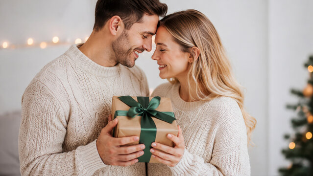 Happy young couple holding a wrapped Christmas gift with green ribbon, sharing a tender romantic moment beside a festive decorated tree.