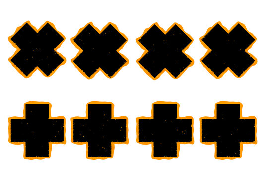 Vintage-style black cross (X) and plus (+) symbols with orange borders, set against a white background. These designs, featuring a textured, three-dimensional appearance, are ideal for streetwear appa