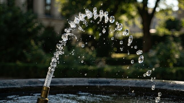 Water droplets splashing from a fountain nozzle frozen in mid-air