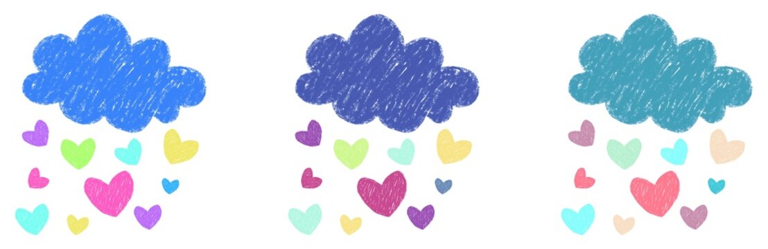 Colorful Crayon Texture Clouds with Floating Pastel Hearts in Three Color Variations