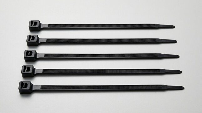 Five Black Cable Ties Isolated On A White Background