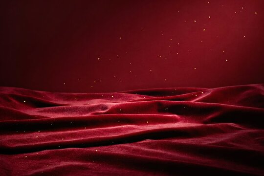 luxurious deep red velvet fabric waves with floating golden glitter particles on dark background