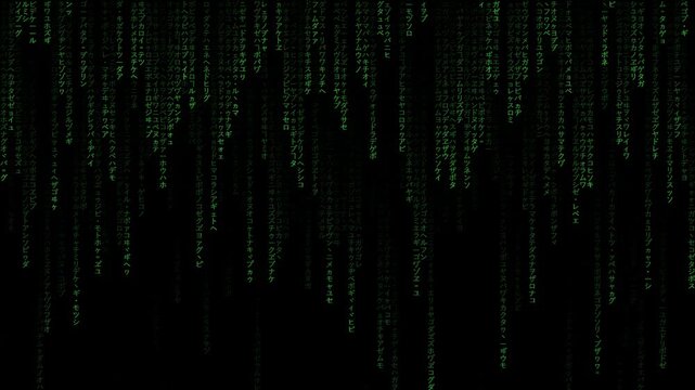 Green Digital Rain of Falling Characters on Black Background, Cyberpunk Data Stream and Hacking Concept