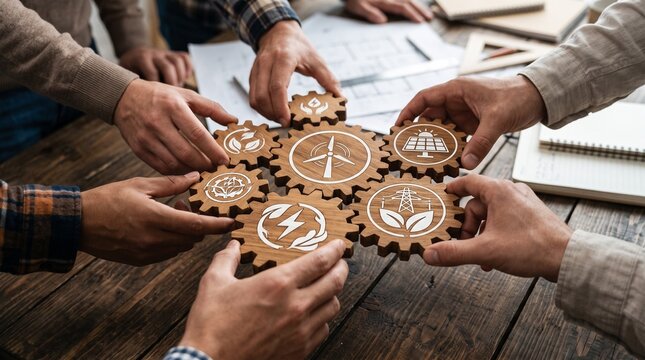 Business team connecting wooden gear mechanism with renewable green energy icons for sustainable development strategy teamwork concept