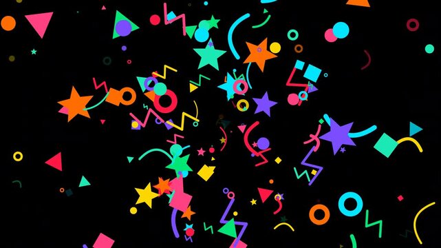 geometric abstract confetti shapes retro elements bursting on black background for party event design