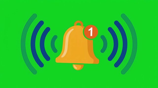 Ringing Notification Bell Animation with Pulsing Sound Waves and Number one on Green Screen